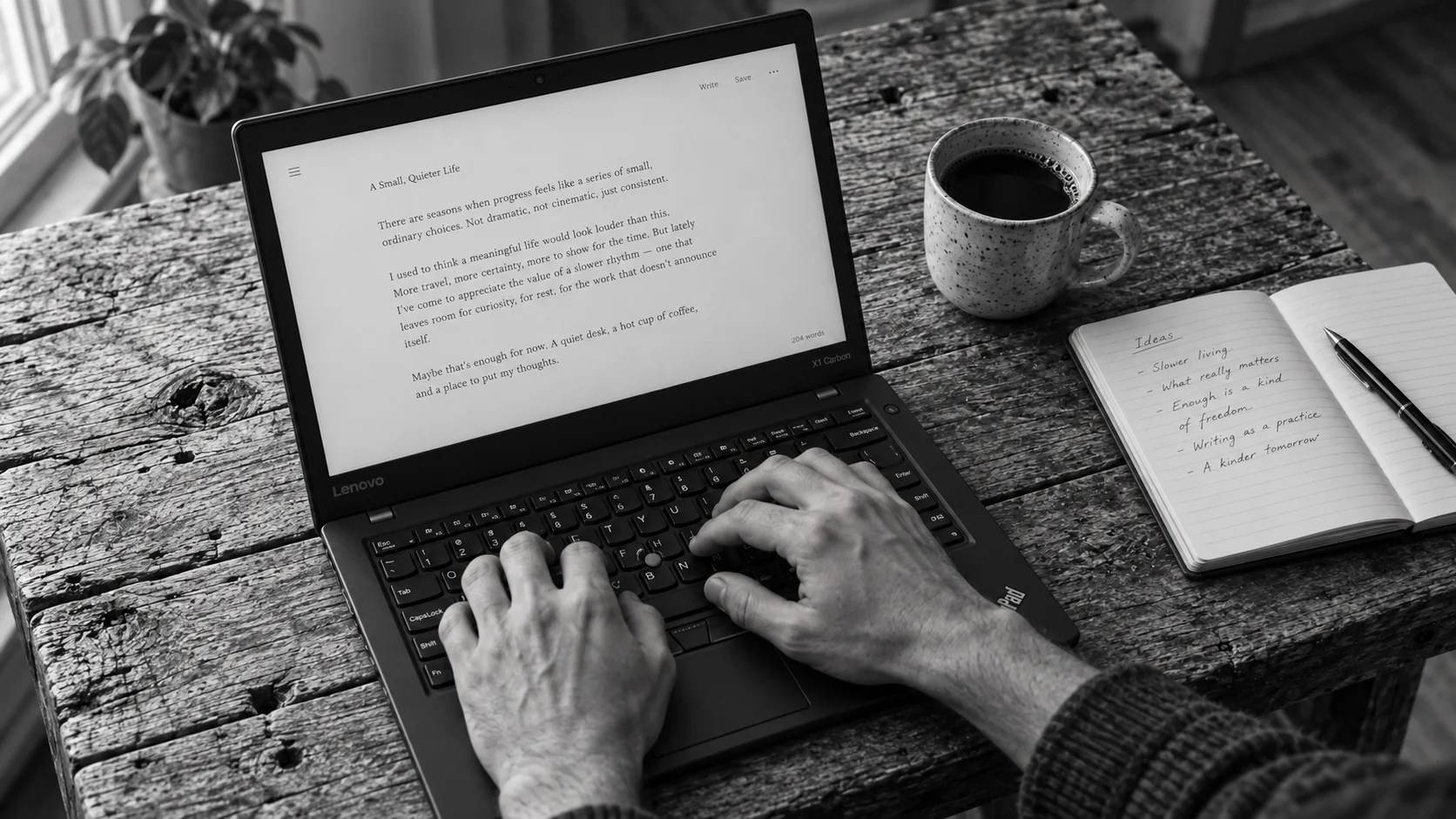 Black-and-white photograph of hands typing on a ThinkPad laptop, with a notebook and coffee on a rustic wooden table