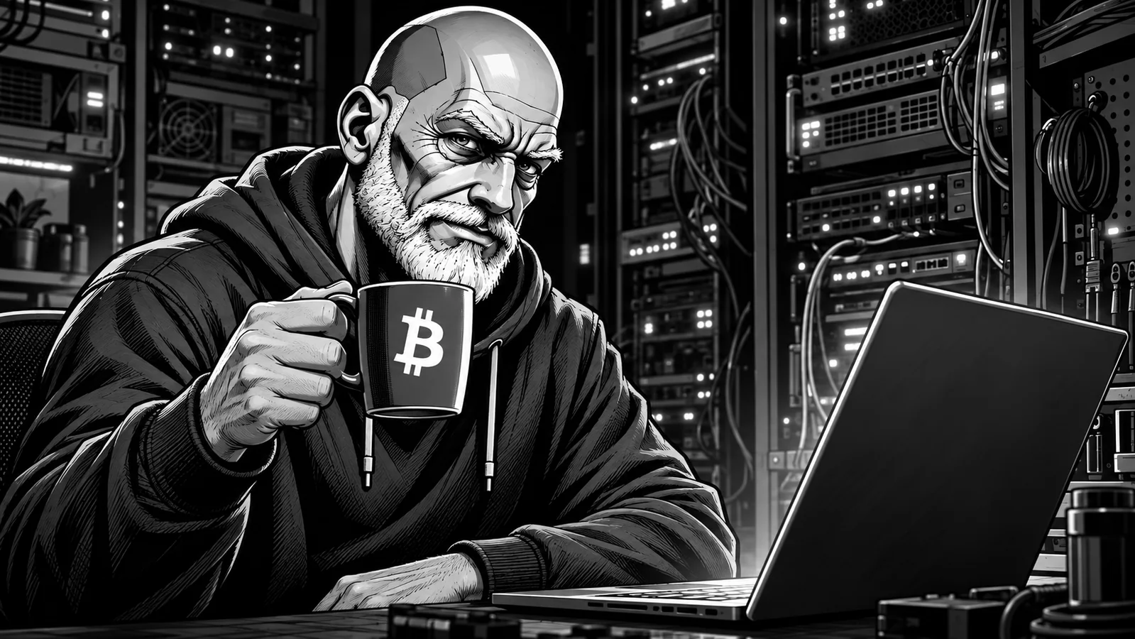 Black-and-white illustration of a man holding a Bitcoin coffee mug beside a laptop