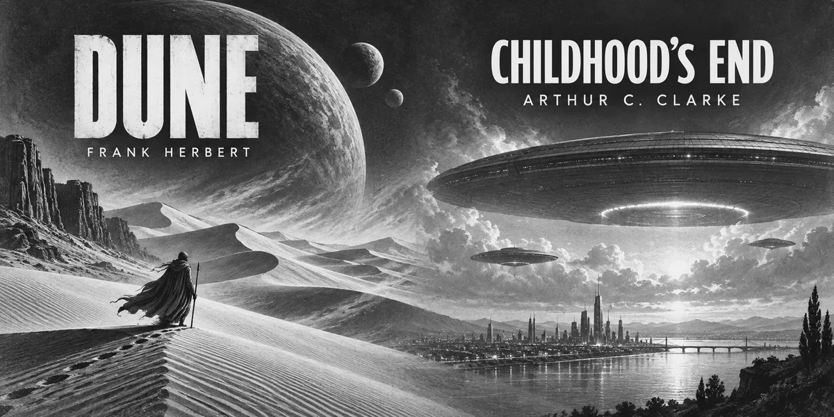 Black-and-white cover-inspired illustration combining Dune desert scenery with spacecraft above a city for Childhood's End.