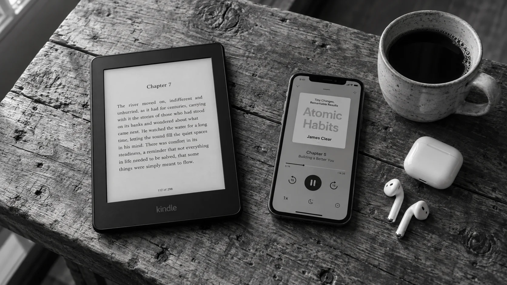 Black-and-white photograph of a Kindle, iPhone audiobook player, coffee and AirPods on a rustic wooden countertop